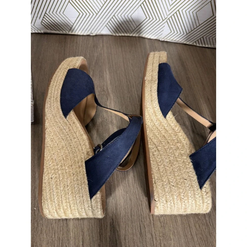 Lucky Brand Valki Navy Blue Leather T-Strap Espadrille Wedge Sandals 6.5M